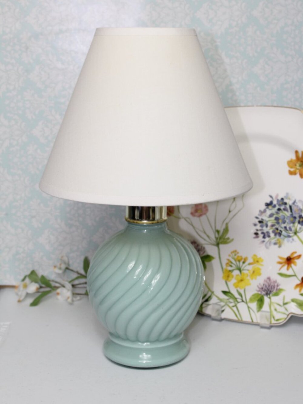 Vintage Kaadan Ltd Seafoam Green Swirl Glass Table Lamp, Aqua Spiral Glass Lamp